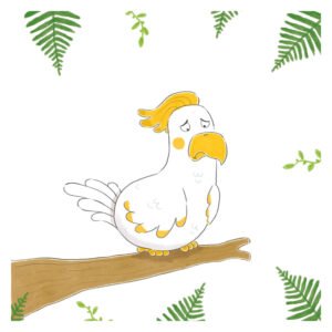 Illustratie van verdrietige kaketoe Karel op een tak omringd door junglebladeren