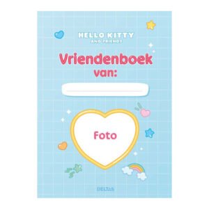 Voorblad van het Hello Kitty vriendenboek met hartvormig fotokader en ruimte voor een naam.