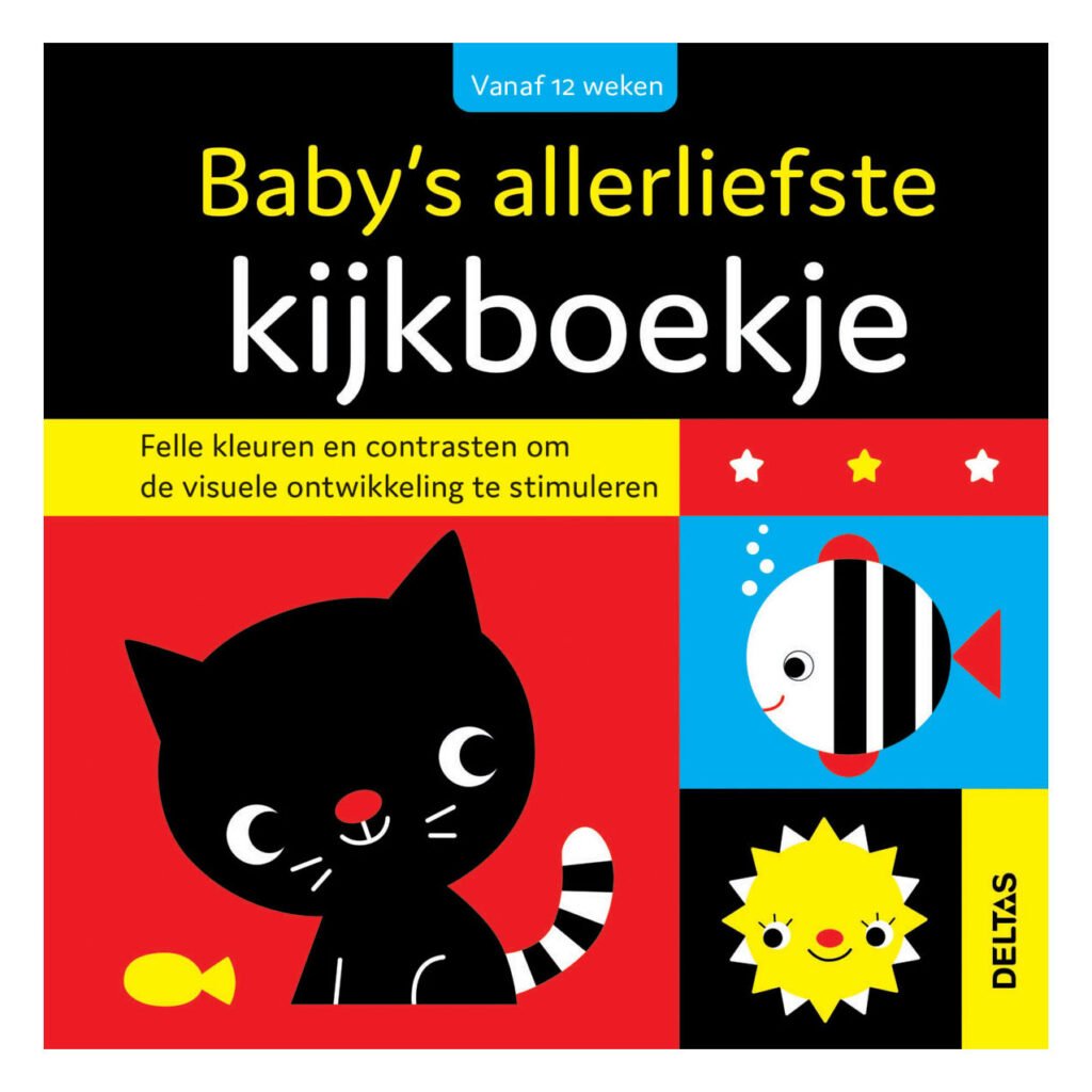 Voorzijde baby kijkboekje met zwarte kat en contrastrijke illustraties Baby's Allerliefste Kijkboekje