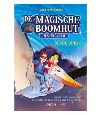 Voorkant van het stripboek De Magische Boomhut – Bij de Dino’s met Jack en Anna op een vliegende dinosaurus De Magische Boomhut Stripboek - Bij de dino's