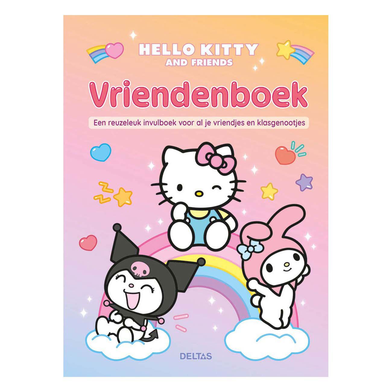 deltas-voorkant-hello-kitty-vriendenboek-rainbow-design Voorkant van het Hello Kitty vriendenboek met vrolijke illustraties van Hello Kitty, Kuromi en My Melody op een regenboog. Hello Kitty Vriendenboek