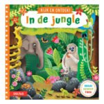 Voorzijde van kinderboek 'Kijk en ontdek! In de jungle' met jungle dieren en speelelementen. Kijk en Ontdek! - In De Jungle Flapjesboek