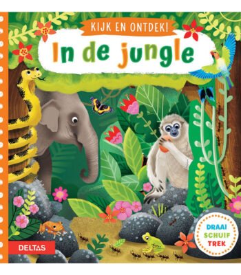 Voorzijde van kinderboek 'Kijk en ontdek! In de jungle' met jungle dieren en speelelementen. Kijk en Ontdek! - In De Jungle Flapjesboek