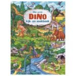 Omslag van 'Mijn grote dino kijk- en zoekboek' met kleurrijke dinosaurussen en oermensen in een junglelandschap Mijn Grote Dino Kijk- en Zoekboek