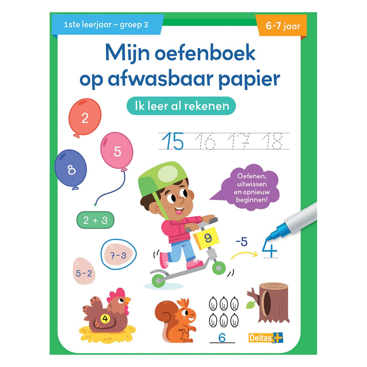 deltas-voorkant-oefenboek-afwasbaar-rekenen-groep-3 Voorzijde van oefenboek op afwasbaar papier voor groep 3 met speelse rekensommen en illustraties Oefenboek Afwasbaar Papier Ik Leer Al Rekenen (6-7 j.)