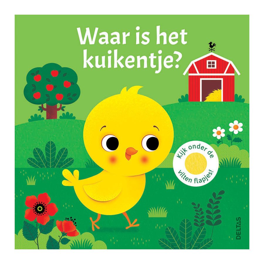 Voorkant van babyboekje ‘Waar is het kuikentje?’ met gele kuiken en schuur Waar Is het Kuikentje? Flapjesboek