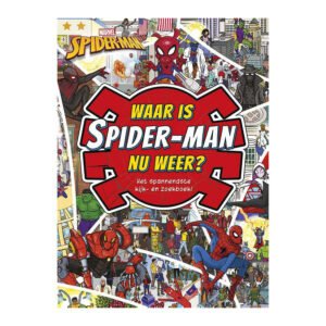 Voorkant van het Marvel zoekboek 'Waar is Spider-Man nu weer?' met kleurrijke striphelden en actie. Marvel: Waar is Spider-man nu weer? zoekboek