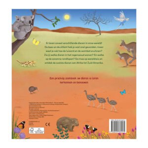 Illustratie van dieren uit verschillende werelddelen met tekst over een kinderzoekboek