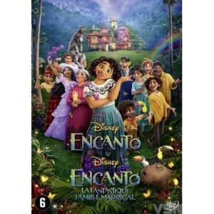 Voorkant cover van Encanto dvd met kleurrijke personages en regenboog boven magisch huis