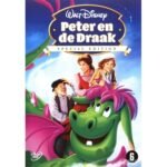 DVD cover van Disney klassieker Peter en de Draak uit 1977 met hoofdrolspelers en groene draak