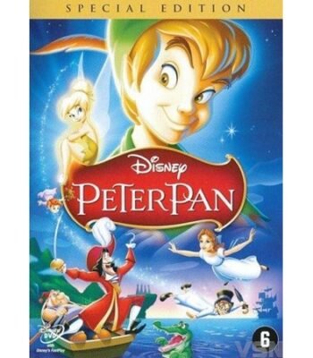 DVD cover van Disney animatiefilm Peter Pan met Peter Pan, Tinkerbell en Kapitein Haak