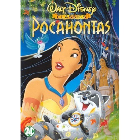 Kleurrijke DVD cover van Disney's animatiefilm Pocahontas op witte achtergrond