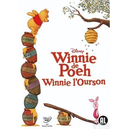 DVD cover van Disney animatiefilm Winnie de Poeh met grappige illustratie met Poeh en Knorretje