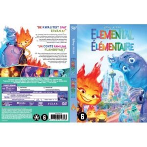 DVD cover voor- en achterzijde van Disney Pixar animatiefilm Elemental met productinformatie