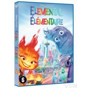 DVD-hoes van Disney Pixar's Elemental met Ember en Wade voor een kleurrijke stad