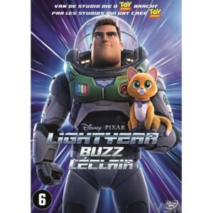 DVD cover van de animatiefilm Lightyear met Buzz Lightyear en Sox op een kleurrijke achtergrond