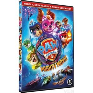 PAW Patrol - The Mighty Movie dvd in 3D-hoek met kleurrijke heldenpups en voertuigen