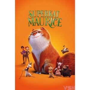 Officiële DVD cover van animatiefilm Superkat Maurice met kat, ratten en hoofdpersonen op oranje achtergrond