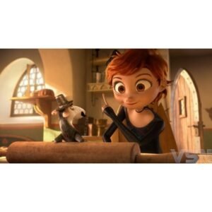 Jonge vrouw in animatie wijst lachend naar rat met hoed in knusse keuken