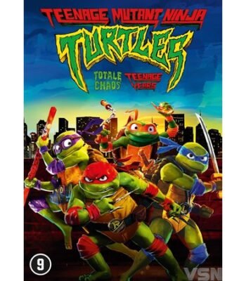 Cover Teenage Mutant Ninja Turtles - Mutant Mayhem Totale Chaos met heldere skyline en ninja-actie