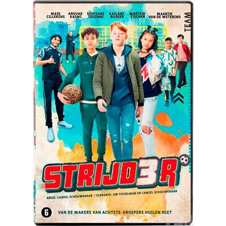 DVD cover van de Nederlandse film Strijder met jongeren in sportieve kleding op een kleurrijke achtergrond
