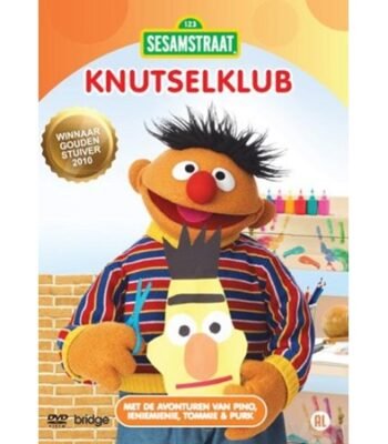 DVD cover van Sesamstraat - Knutselclub met lachende Ernie met geknutseld hoofd van Bert