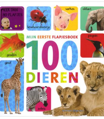 Cover voorzijde mijn eerste flapjesboek 100 dieren met leeuw, olifant en zebra