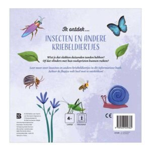 Achterkant van kinderboek over insecten en kriebelbeestjes met kleurrijke illustraties van dieren zoals een slak, bij en vlinder