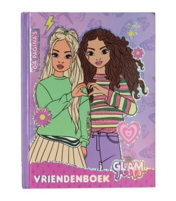 Voorkant Glam Girls vriendenboek met twee meisjes en hartillustratie Glam Girls Vriendenboekje