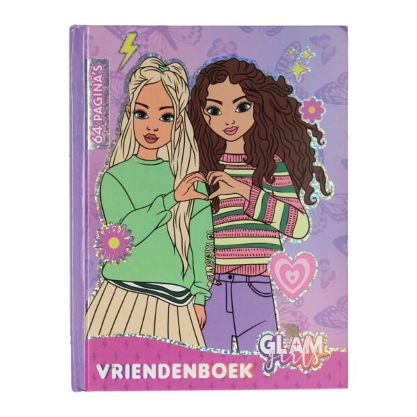 Voorkant Glam Girls vriendenboek met twee meisjes en hartillustratie Glam Girls Vriendenboekje