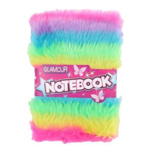 Glamour notitieboek met zachte regenboogvacht en vlinderontwerp op de wikkel Glamour Fluffy Notitieboek A5