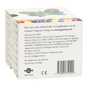 Achterzijde van de boekenbox 'Lezen en Leren' met Rupsje Nooitgenoeg met copyrightinformatie van Gottmer en Eric Carle