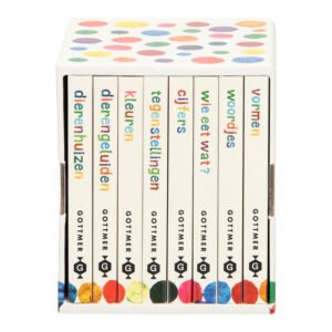 Zijaanzicht van de boekenbox 'Lezen en Leren' met 8 titels waaronder vormen, cijfers en dierengeluiden