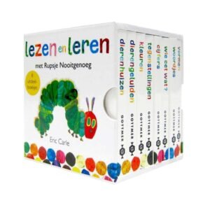 Complete boekenbox 'Lezen en Leren met Rupsje Nooitgenoeg' met kleurrijke ruggen van de boekjes