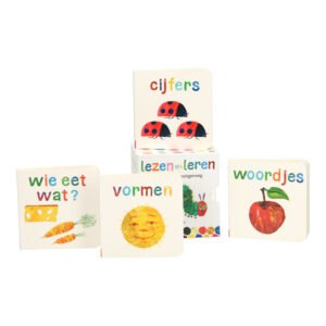 Vier kartonnen boekjes uit de serie 'Lezen en Leren' met kleurrijke illustraties van Eric Carle Lezen en Leren met Rupsje Nooitgenoeg Uitdeelboekjes 8st.