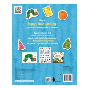 Achterkant van Rupsje Nooitgenoeg magneetboek met kleurrijke magneten en speelse instructies voor kinderen.