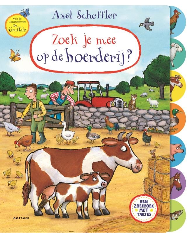 Voorkant van het kinderboek 'Zoek je mee op de boerderij?' met kleurrijke boerderijdieren en tabjes Zoek je mee op de Boerderij?