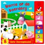 Vrolijk kinderboek 'Herrie op de Boerderij' met illustraties van boerderijdieren en geluidenknoppen Geluidenboek Herrie op de Boerderij