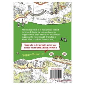 Achterkant van Het Waanzinnige Moppenboek met illustraties en beschrijving voor fans van de Waanzinnige Boomhut