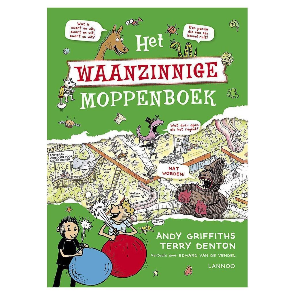 Voorkant van Het Waanzinnige Moppenboek met kleurrijke illustraties en grappen voor kinderen