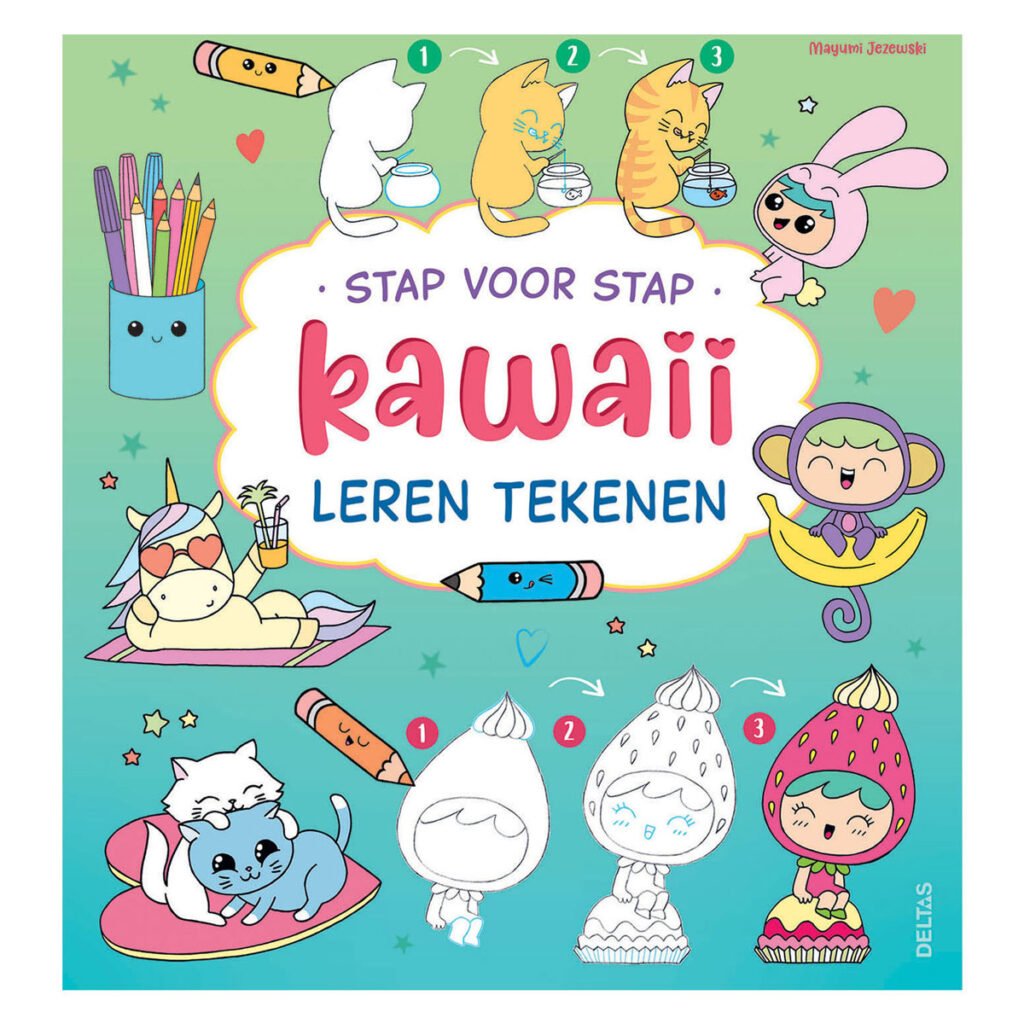 Stap voor stap kawaii leren tekenen hobbyboek voorzijde met kleurrijke figuren