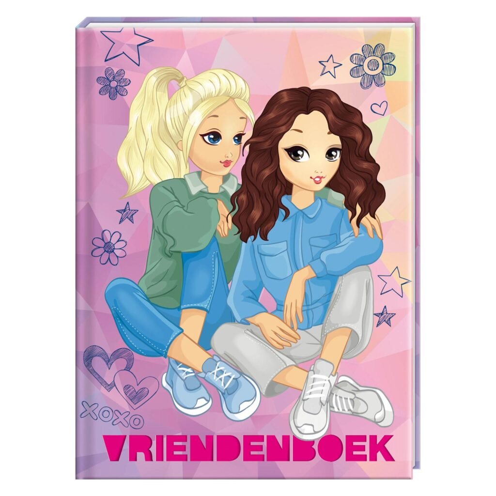 Illustratie van twee meisjes op kleurrijke vriendenboek cover met bloemen en sterren Vriendenboek Best Friends