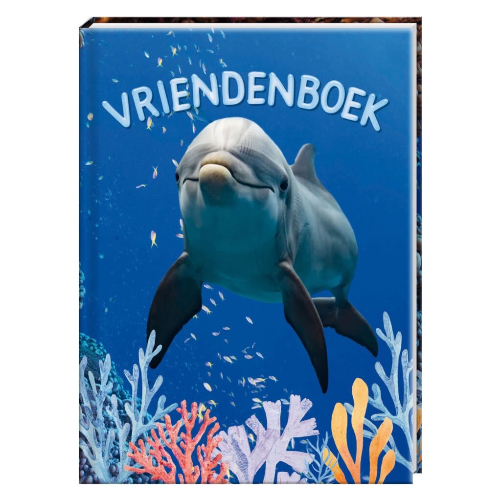 Vrolijk vriendenboek met dolfijn en kleurrijk koraalrif op de kaft Vriendenboek Dolfijn