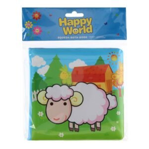 Happy World badboek voor kinderen met schaap op de voorkant in verpakking
