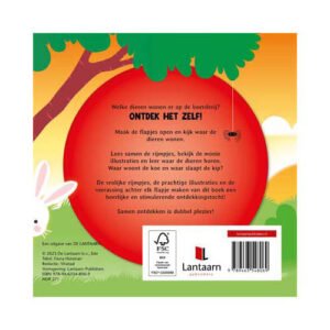 Achterkant kinderboek over boerderijdieren met speelse rijmpjes en flapjes