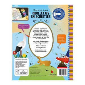 Achterkant kinderboek over drollen en scheetjes met informatie en illustraties