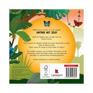 Achterkant kinderboek met jungle-thema en kleurrijke dieren