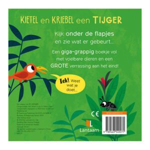 Achterkant van kinderboek met beschrijving over voelbare dieren en flapjes