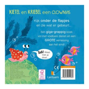 Achterkant van kinderboek met zeeleven en grappige tekst