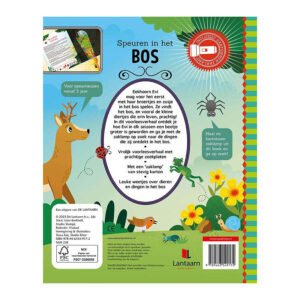 Achterkant van kinderboek over speuren in het bos met eekhoorn en dieren